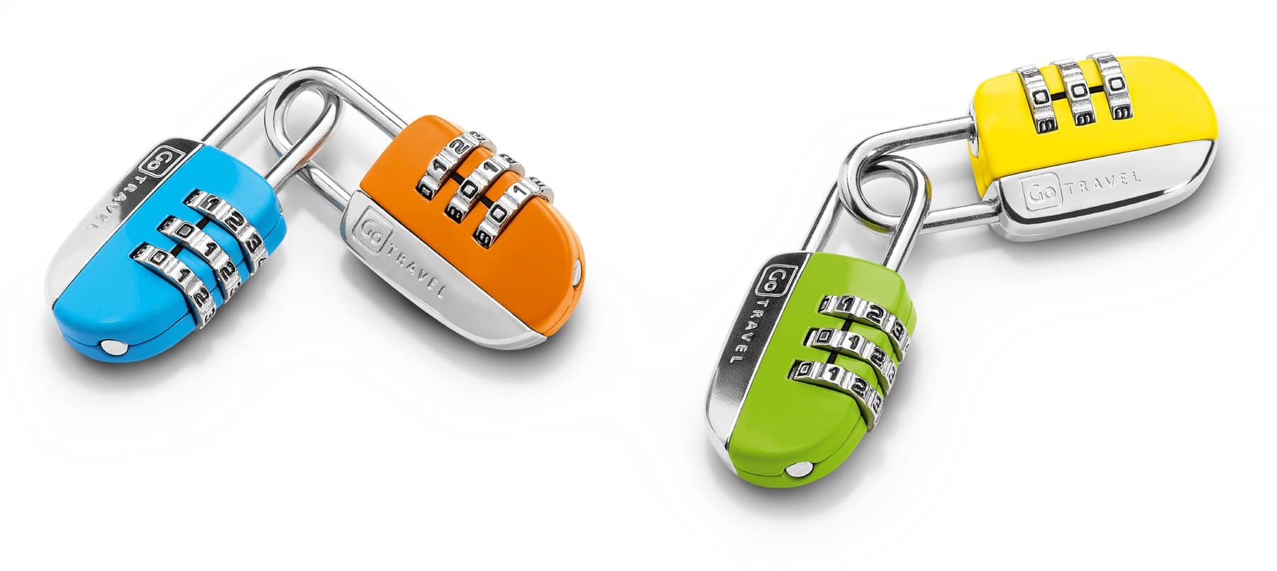 Go Travel combination padlocks in cyan, orange, green and yellow