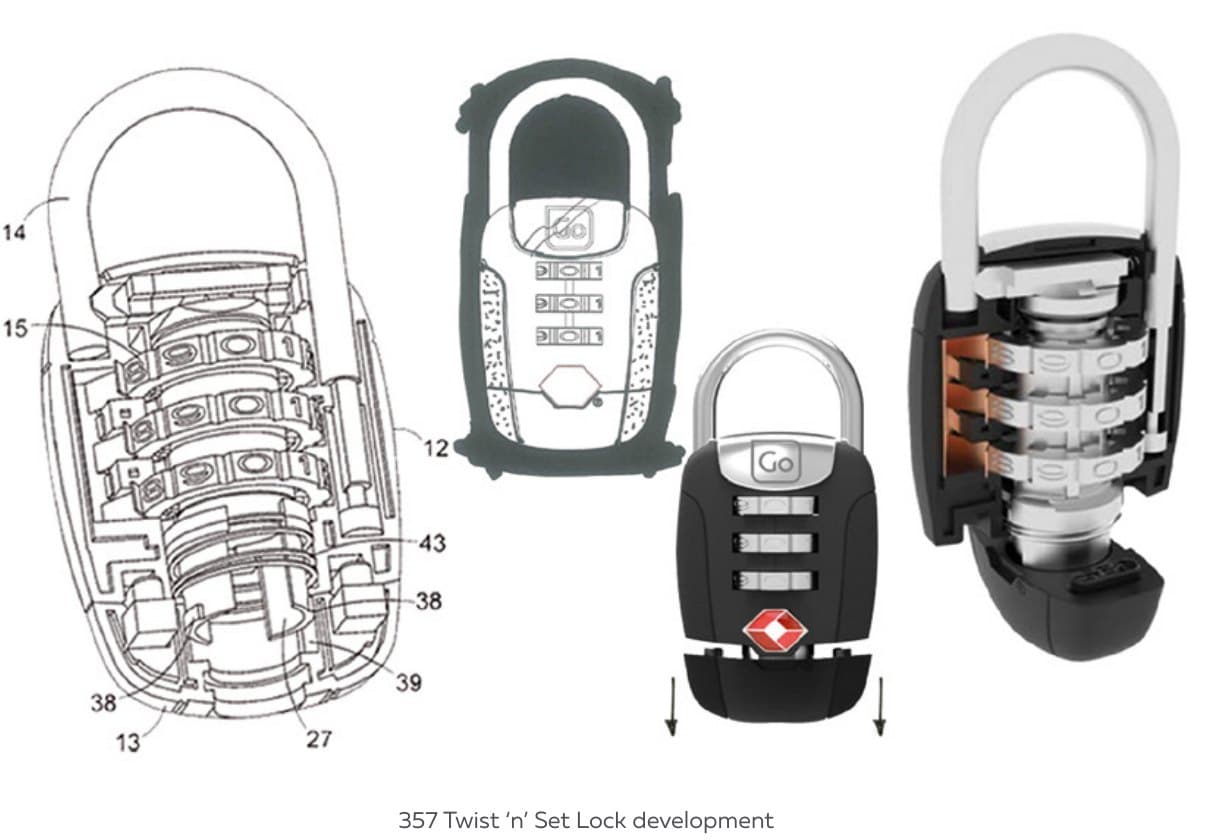 CAD development drawings for the Go Travel 357 Twist 'n' Set lock