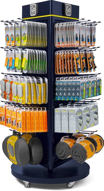 A Go Travel spinner display unit merchandised with the full accessory range