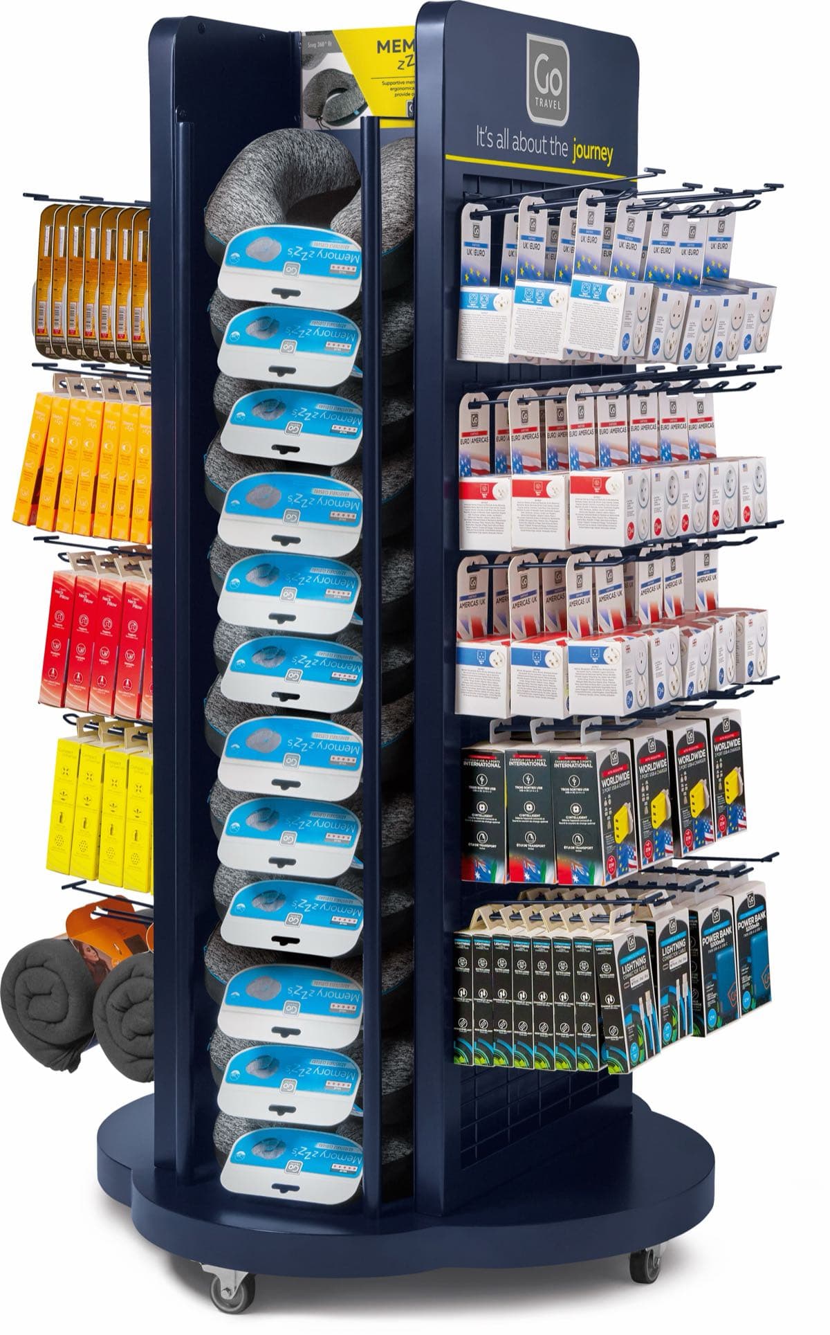 A Go Travel spinner display unit merchandised with the full accessory range