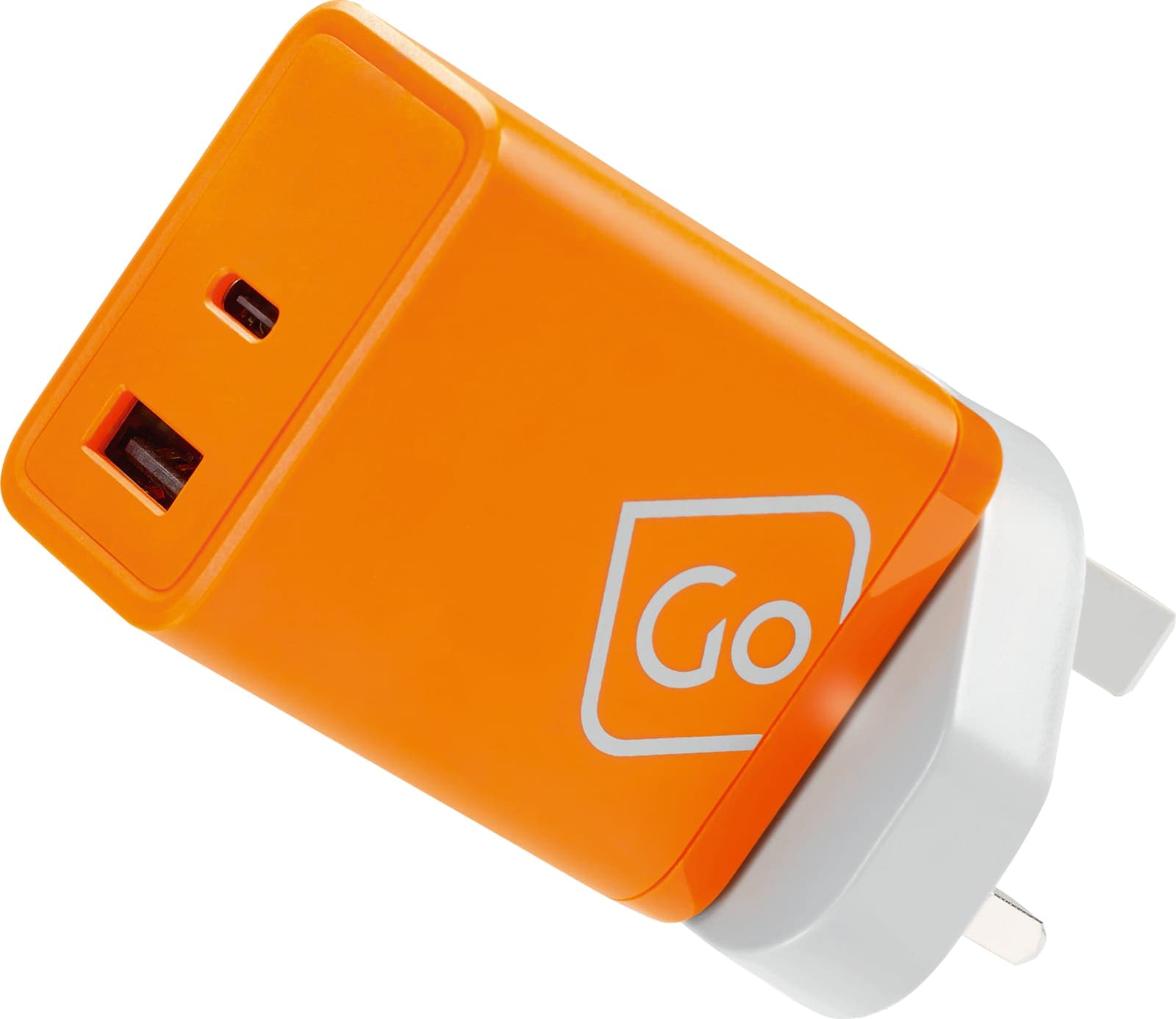 Orange GO TRAVEL GaN charger with USB-A and USB-C ports.