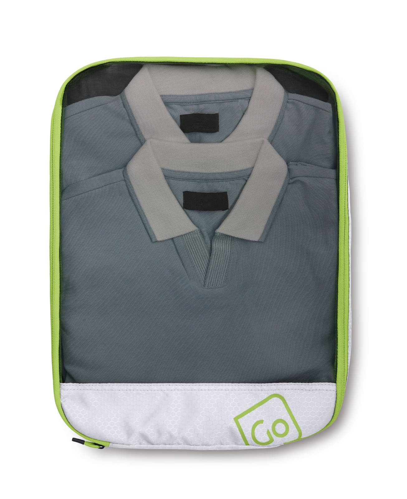 Green GO TRAVEL Deeper Packing Cube with grey polo shirt inside.