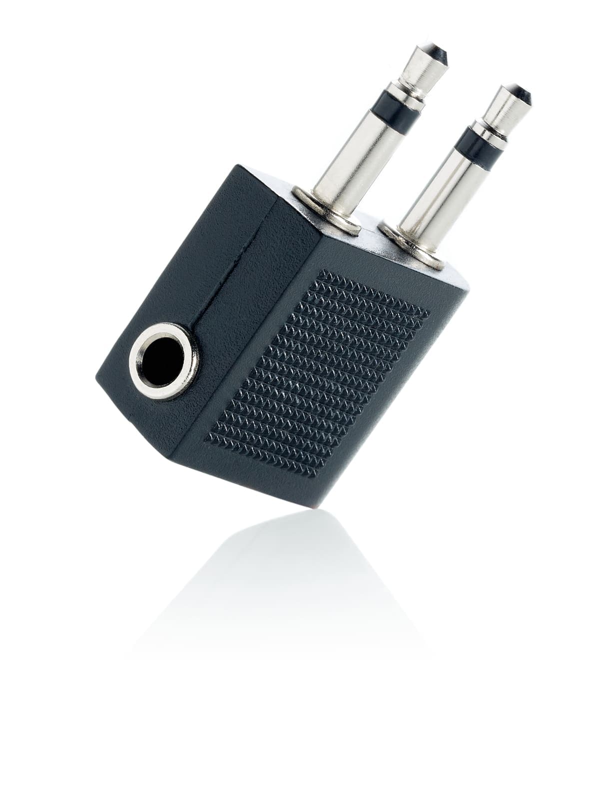 GO TRAVEL airline headphone adaptor with dual jacks and 3.5mm input.