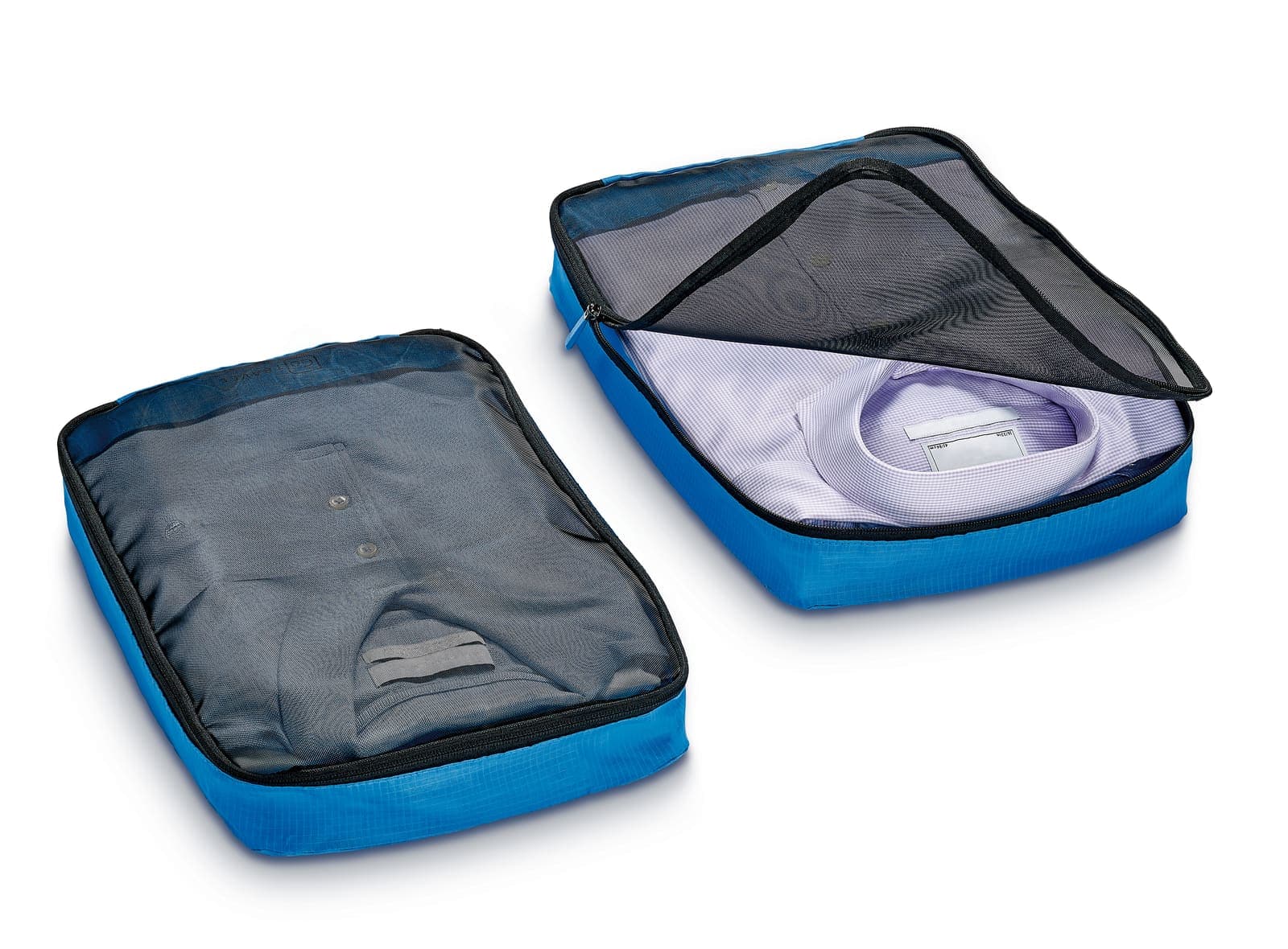 Two blue GO TRAVEL packing cubes with mesh fronts, one holding a white shirt, the other a grey shirt.