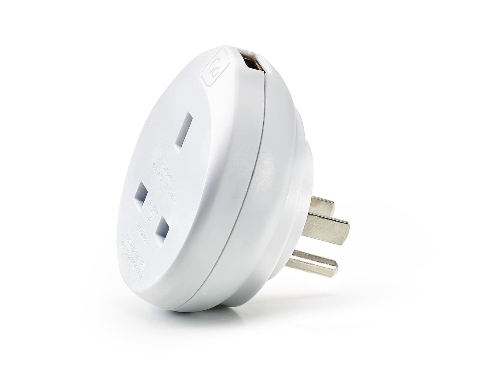 White GO TRAVEL UK-USA adaptor with USB-A port.