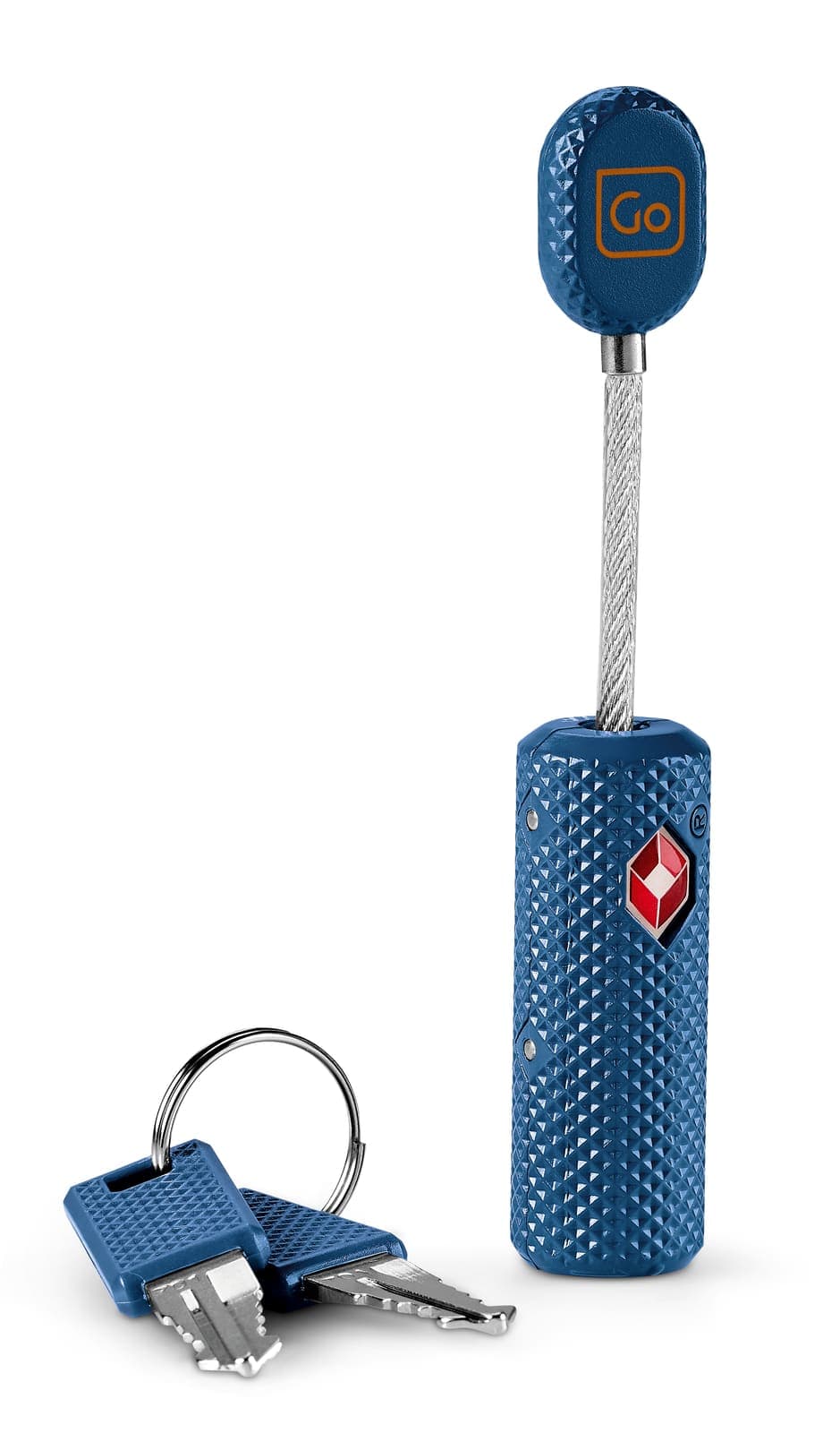 Blue GO TRAVEL TSA cable key padlock with silver cable and keyring.