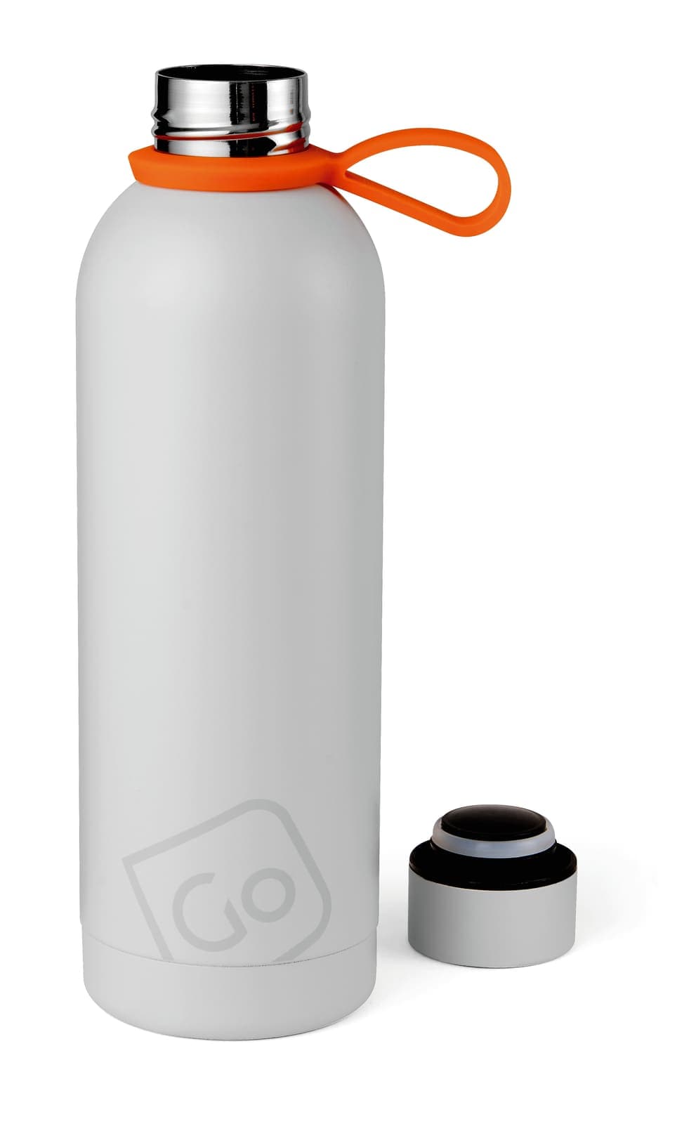 White insulated drinks bottle with orange lid and black screw-top, studio shot.