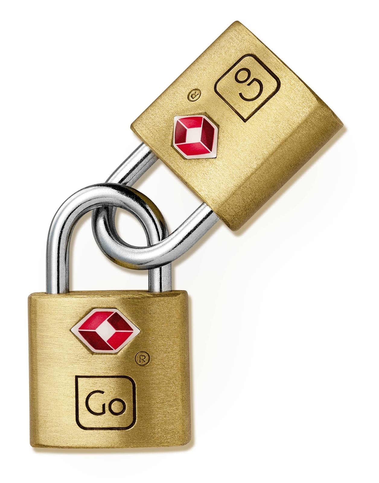 Two GO TRAVEL brass key padlocks with red TSA logos linked together.