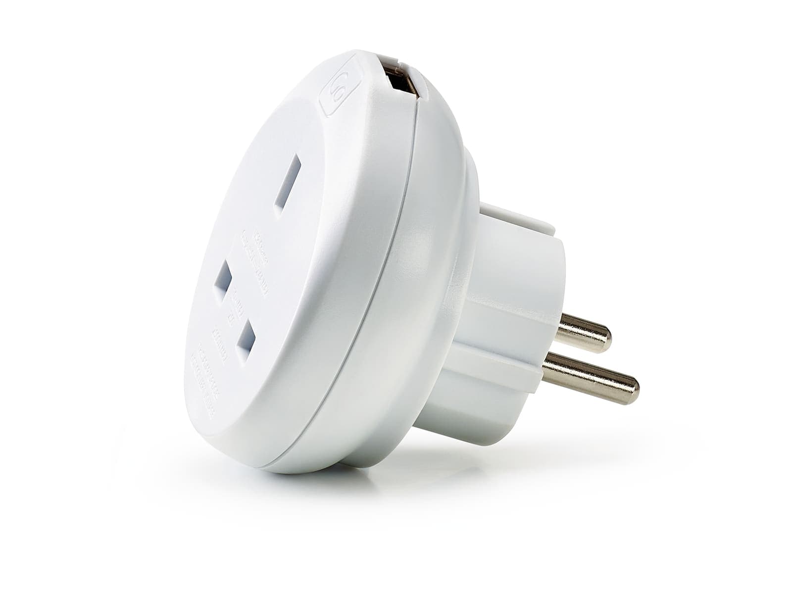 White GO TRAVEL UK-EU adaptor with USB-A port and UK socket.