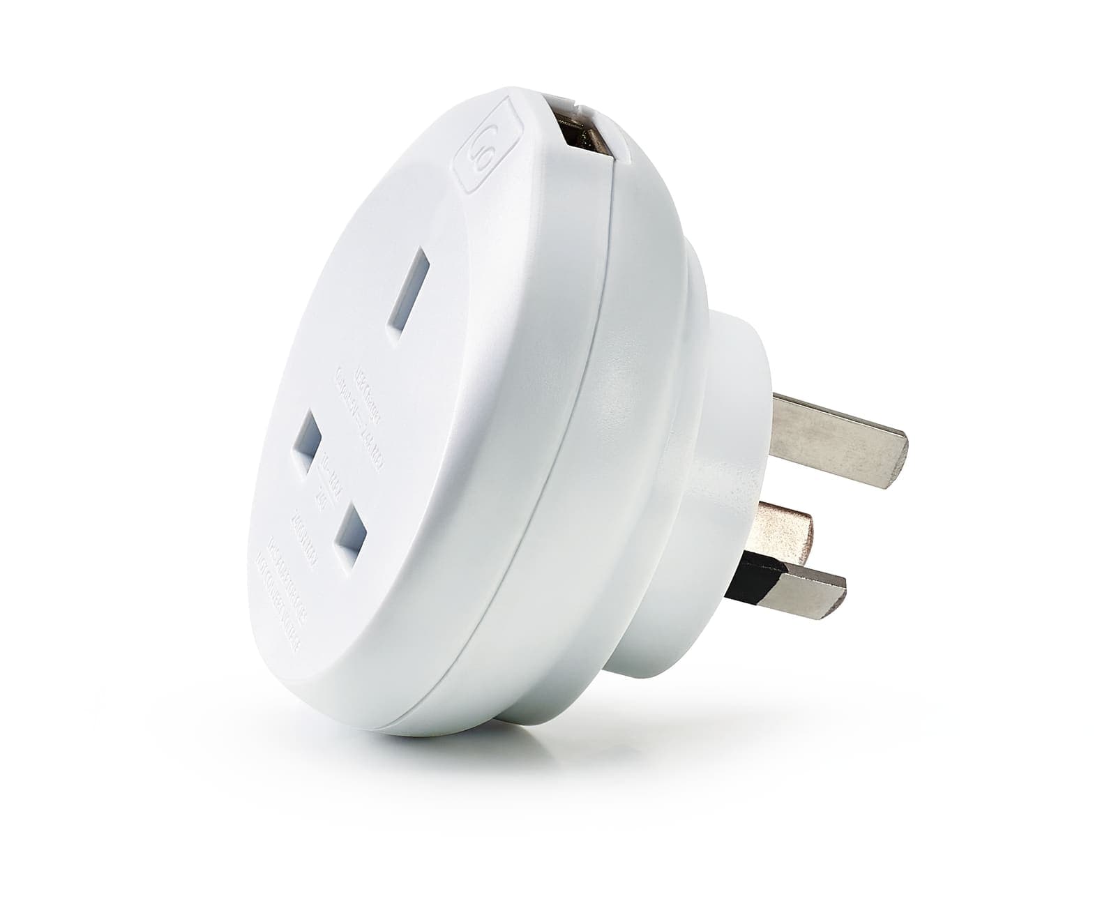 White GO TRAVEL UK-AUS/China adaptor with USB-A port.
