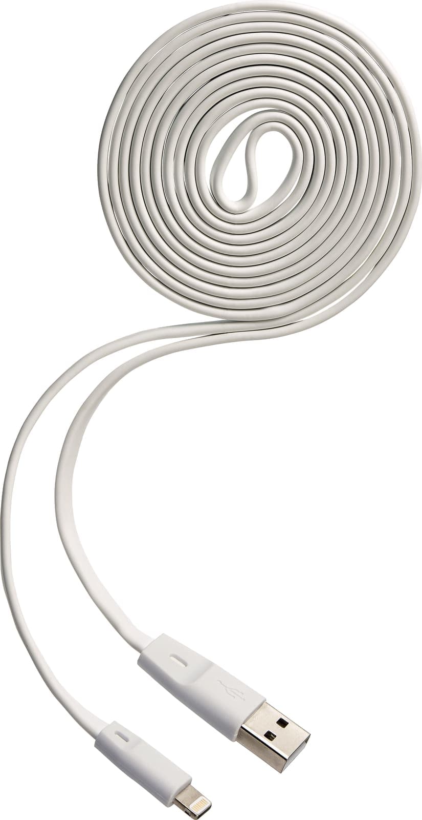 White coiled charging cable against a white background.