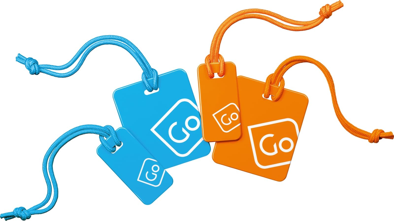 GO TRAVEL luggage tags in blue and orange with white logo.