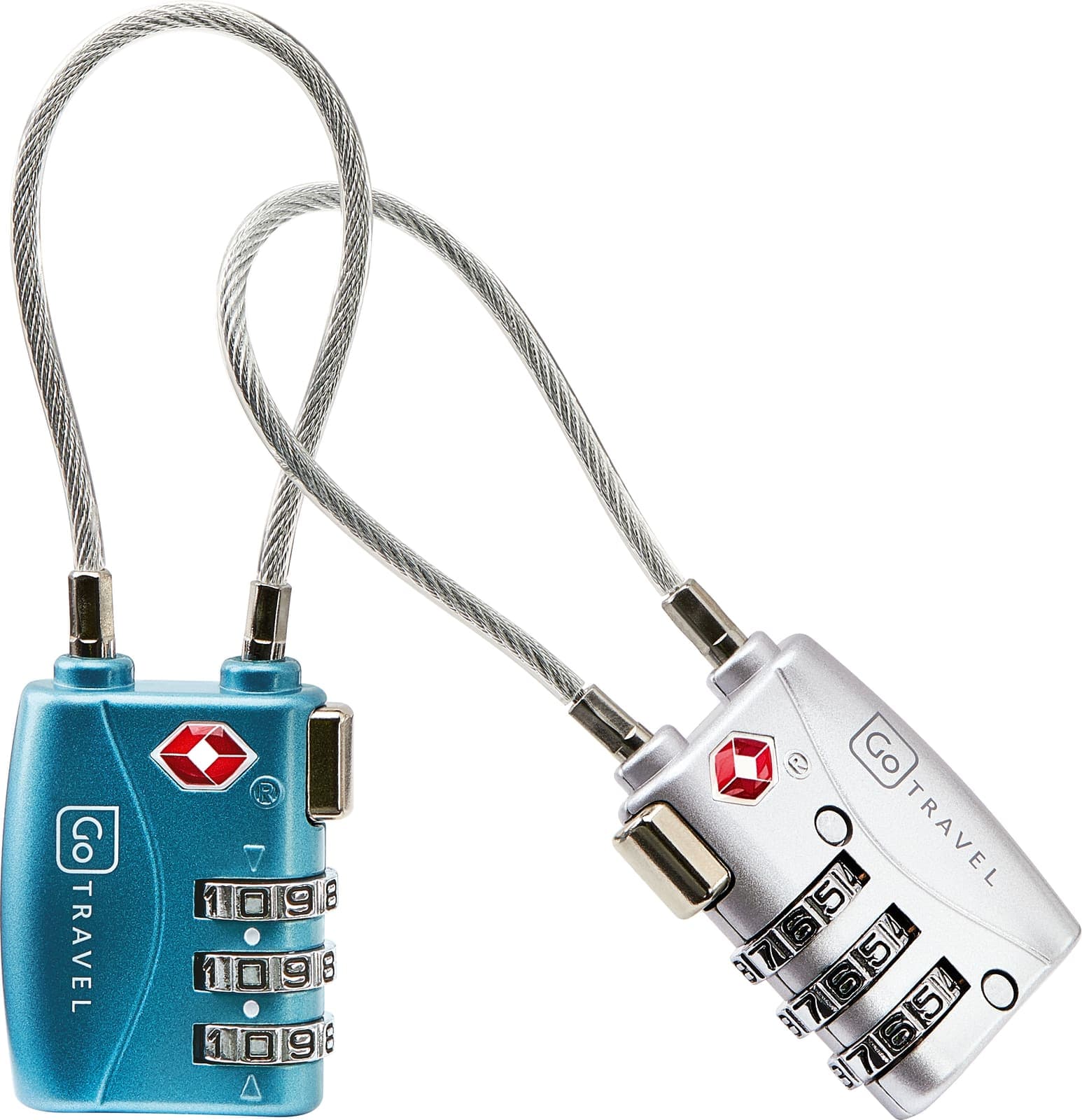 Two GO TRAVEL TSA combination cable locks, one blue, one silver, on a white background.