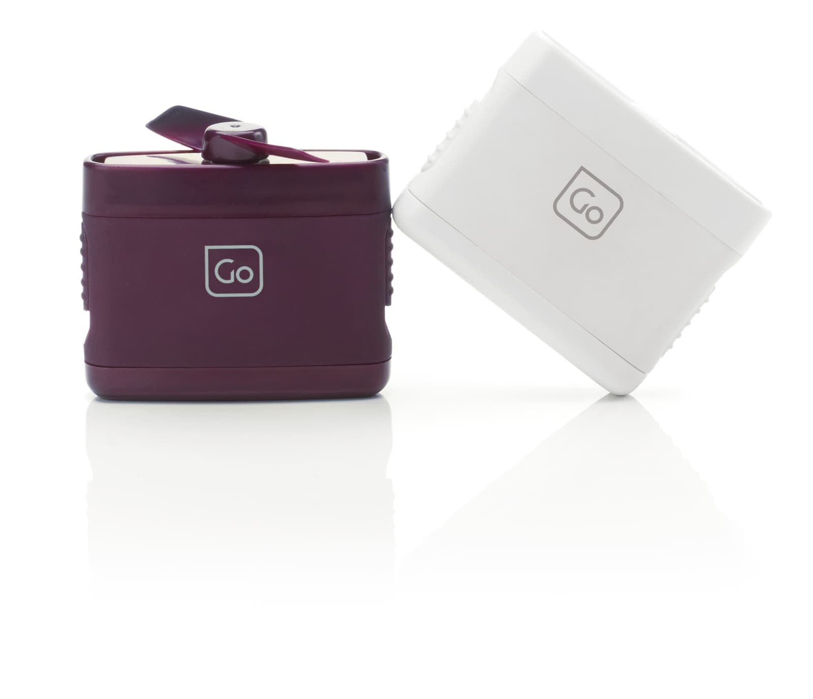 Two GO TRAVEL pocket fans, one plum and one white, shown closed and slightly open.