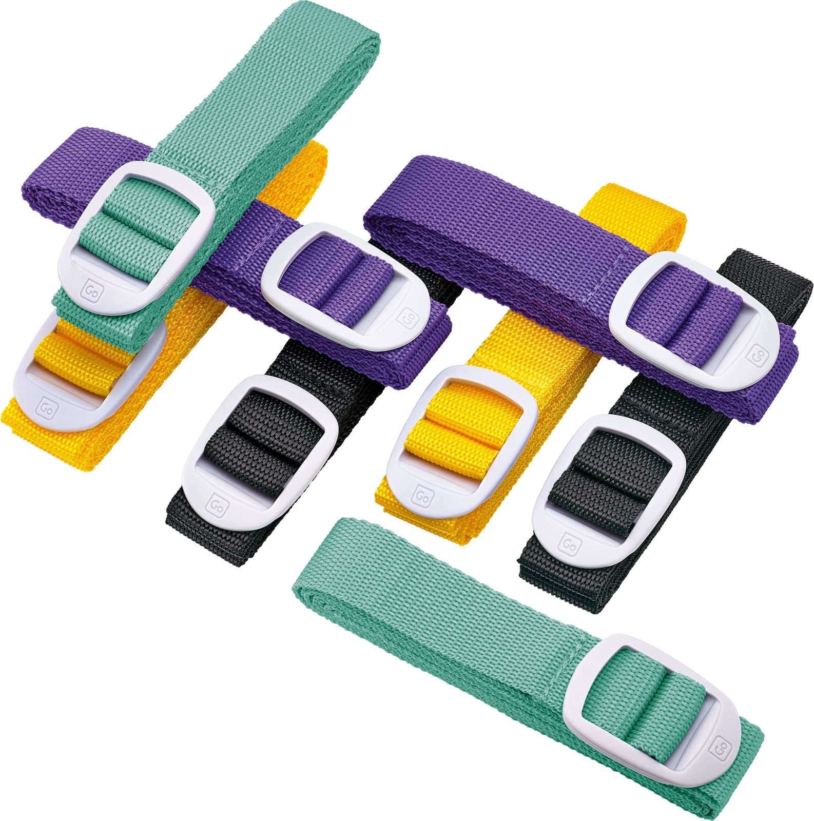 GO TRAVEL luggage straps in purple, yellow, teal, and black with white buckles.