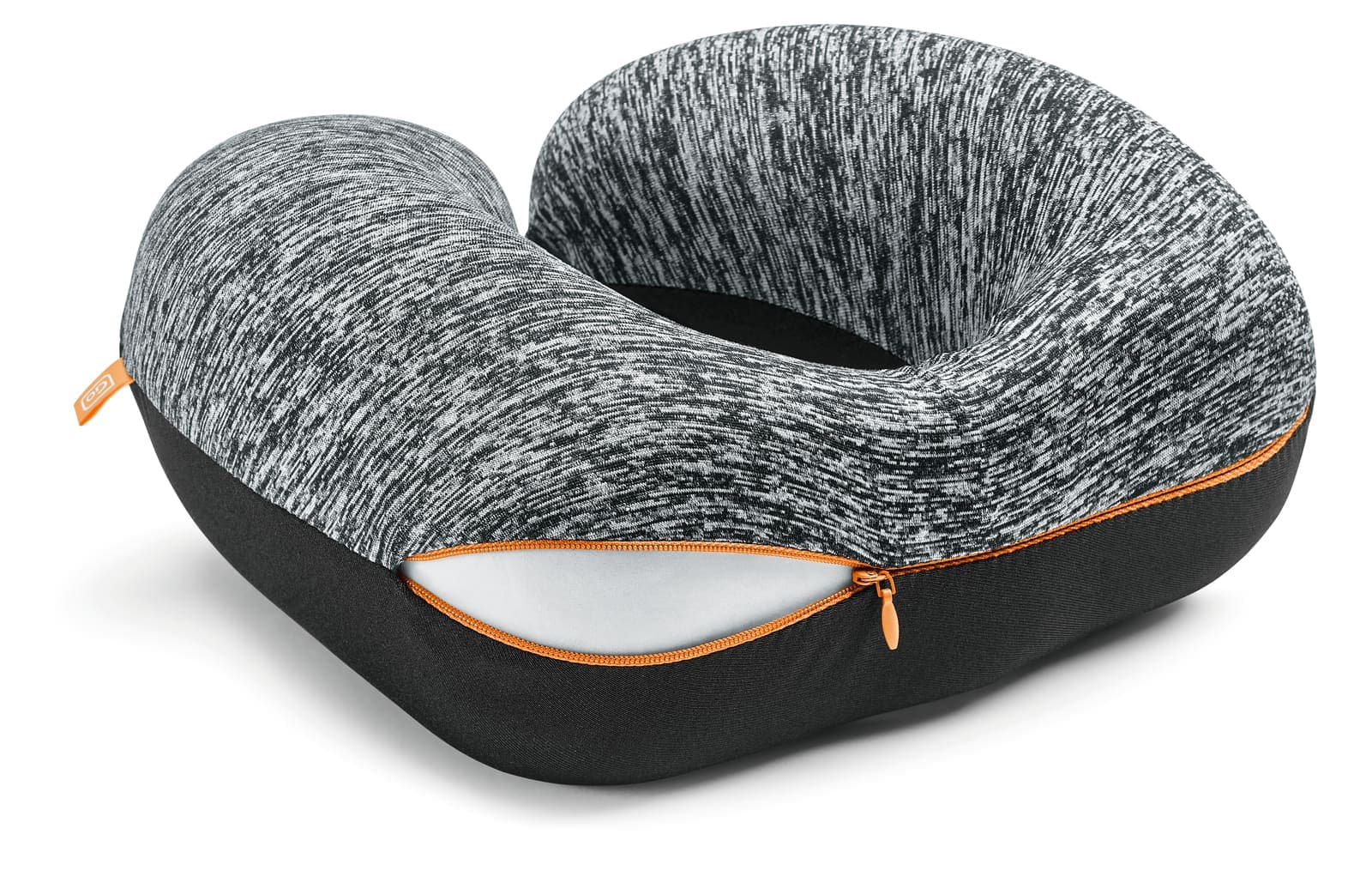 GO TRAVEL Memory ZZZs neck pillow in marbled grey and black with orange zipper.
