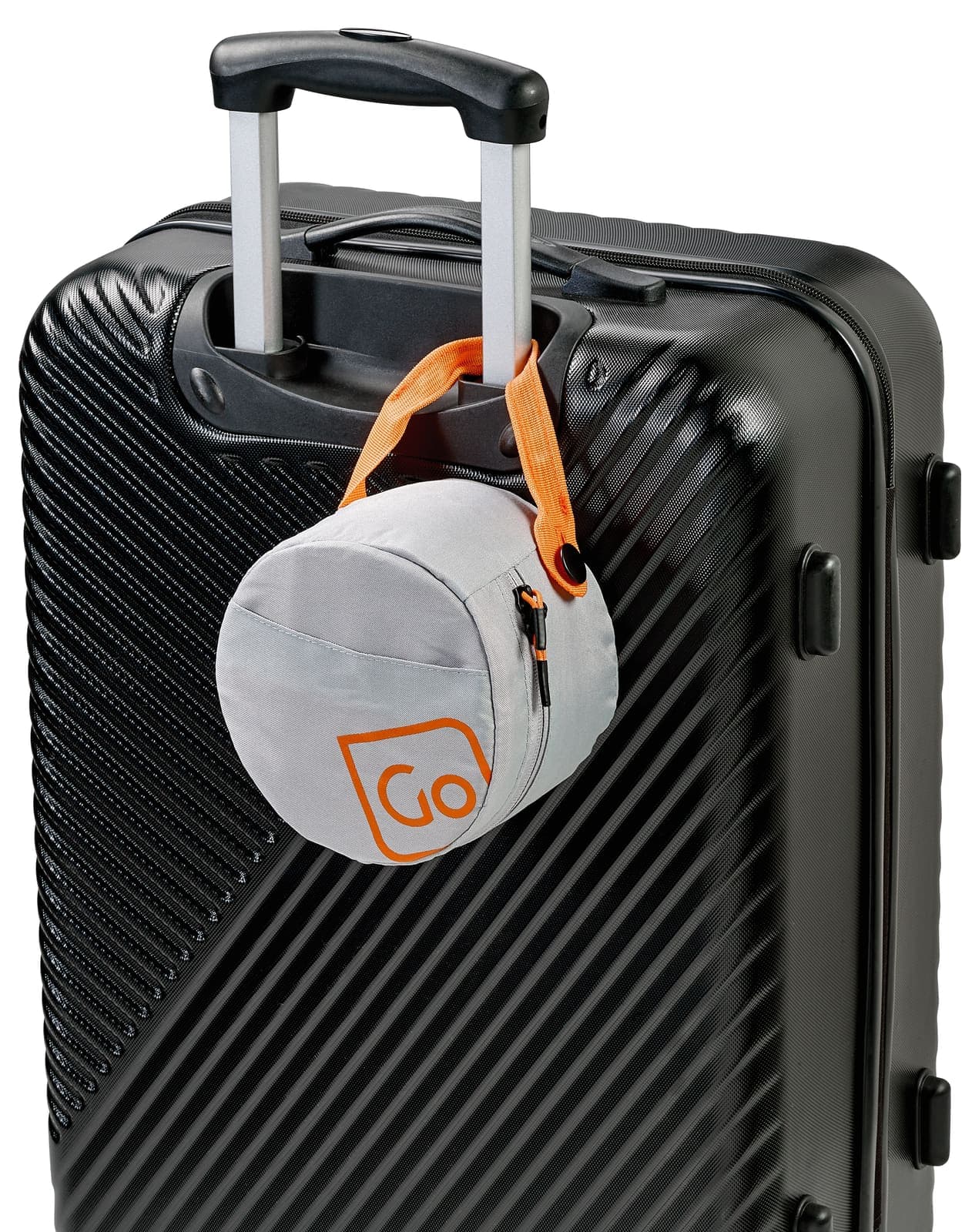 Grey GO TRAVEL Pillow Packer pouch hanging from a black suitcase handle.