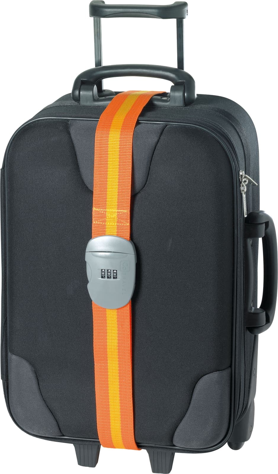 GO TRAVEL orange and yellow luggage strap with silver combination lock on a black suitcase.