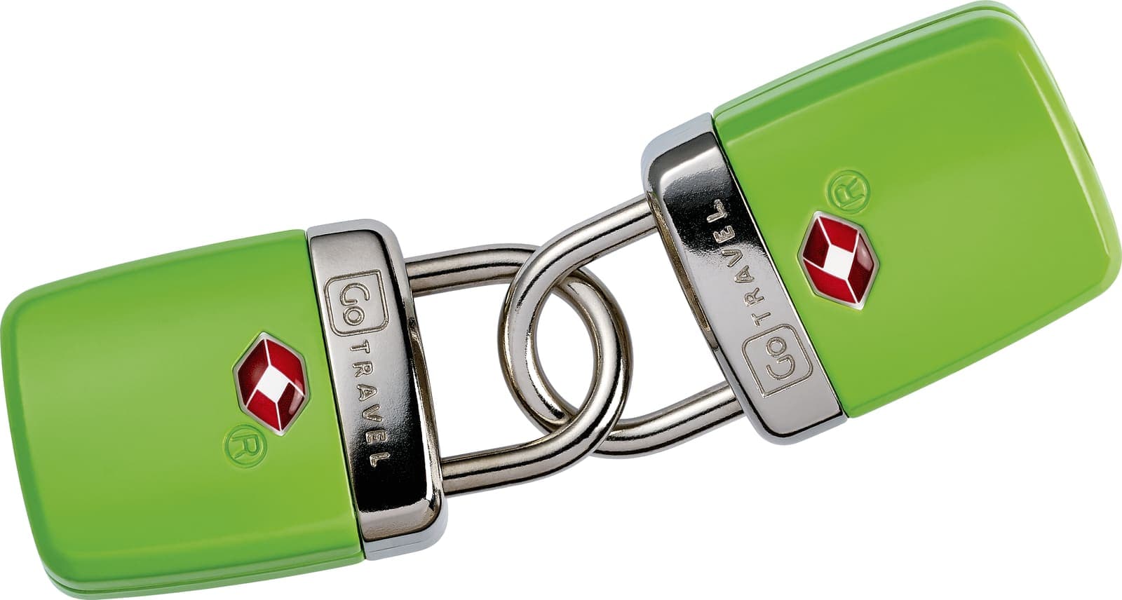Two green GO TRAVEL TSA locks interlinked, close-up shot.
