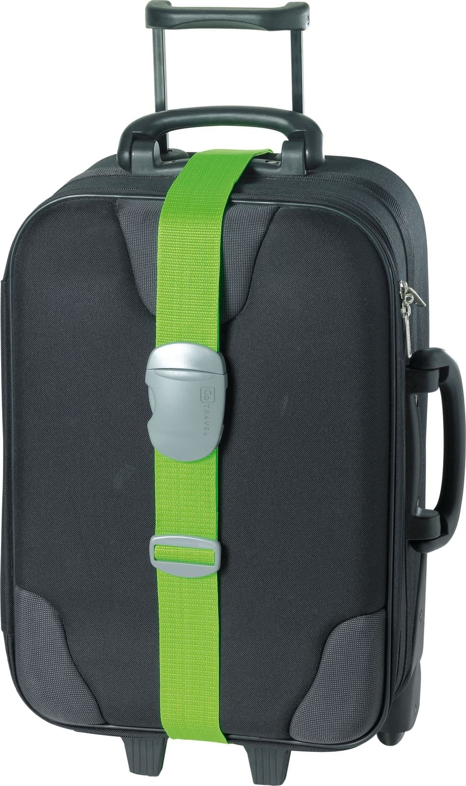 Green GO TRAVEL luggage strap on a black suitcase.