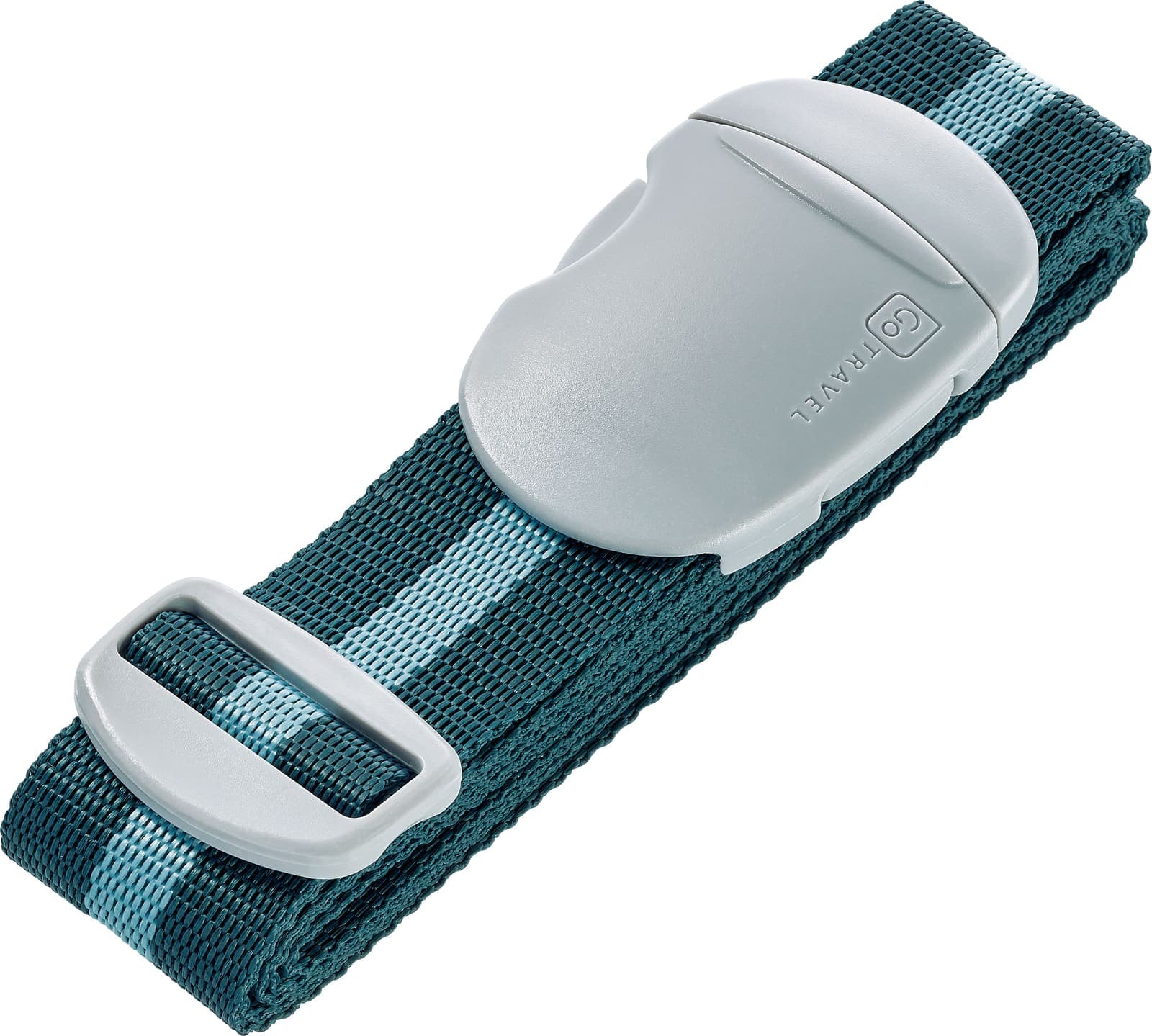 GO TRAVEL luggage strap with quick-release buckle, dark teal and blue stripes.