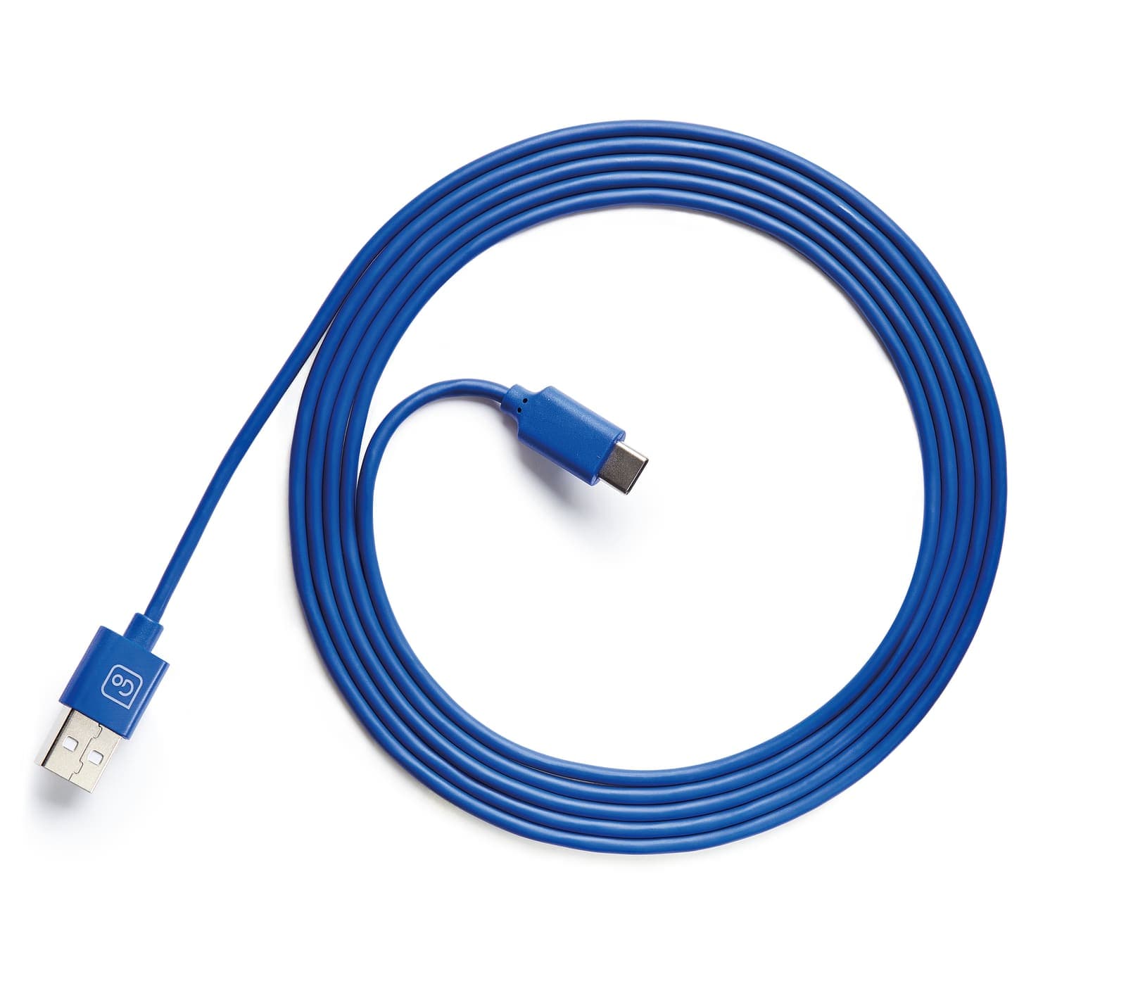 Blue GO TRAVEL USB-C to USB-A charging cable coiled on white background.