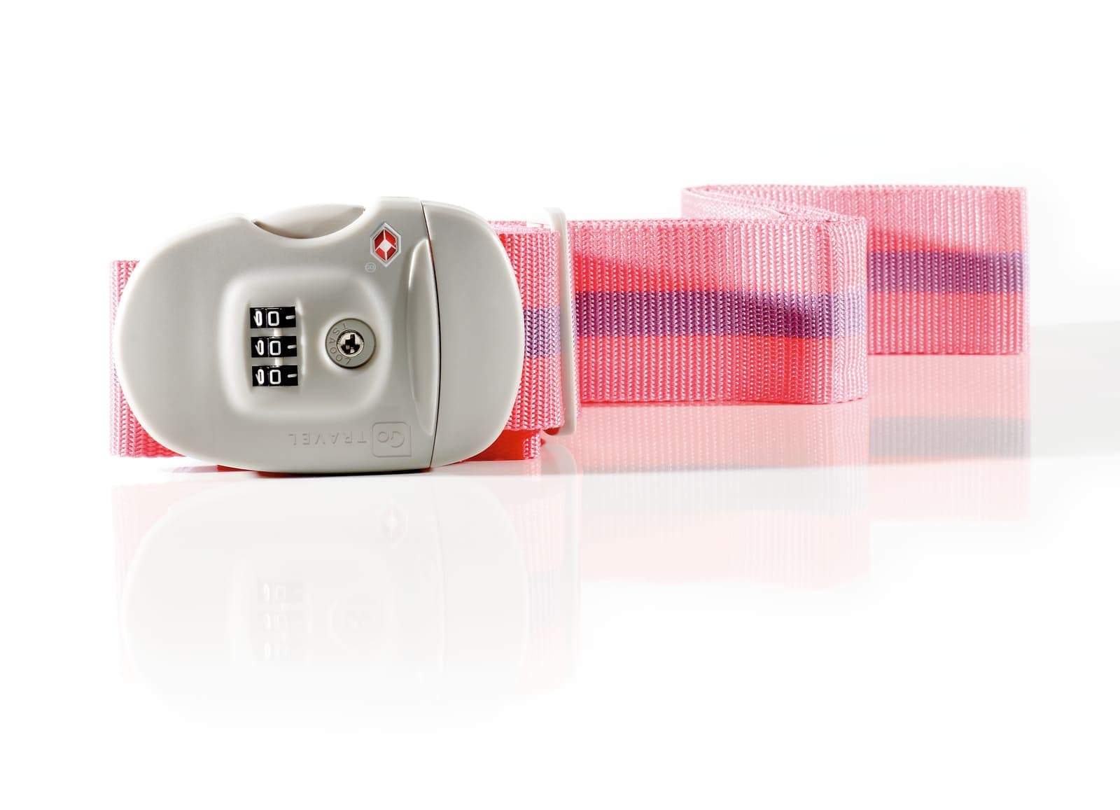 Pink and purple striped luggage strap with grey TSA combination lock.