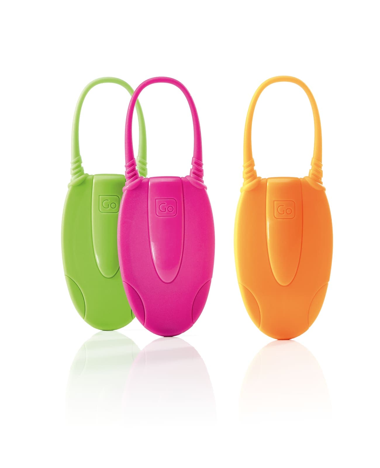 Three GO TRAVEL Glo Luggage I.D. tags in green, pink, and orange against a white background.