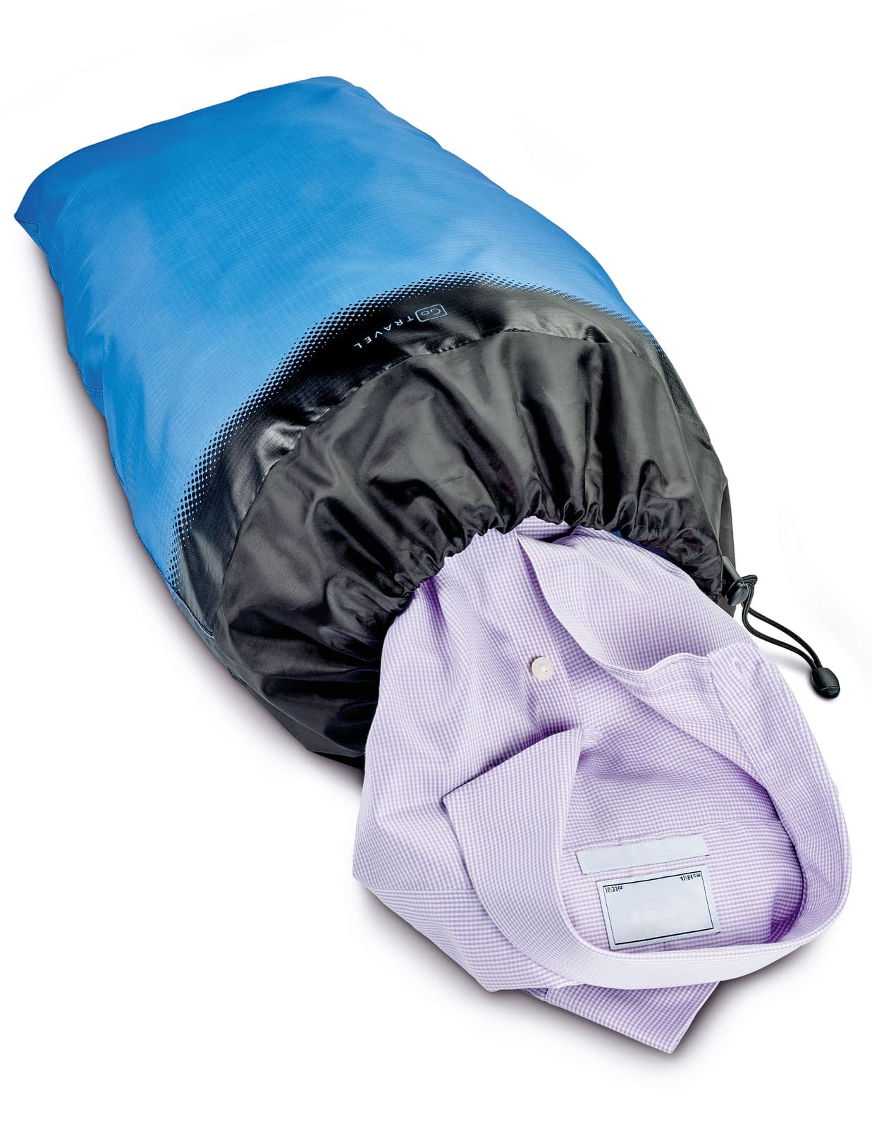 Blue GO TRAVEL laundry bag with a light purple shirt being put inside.