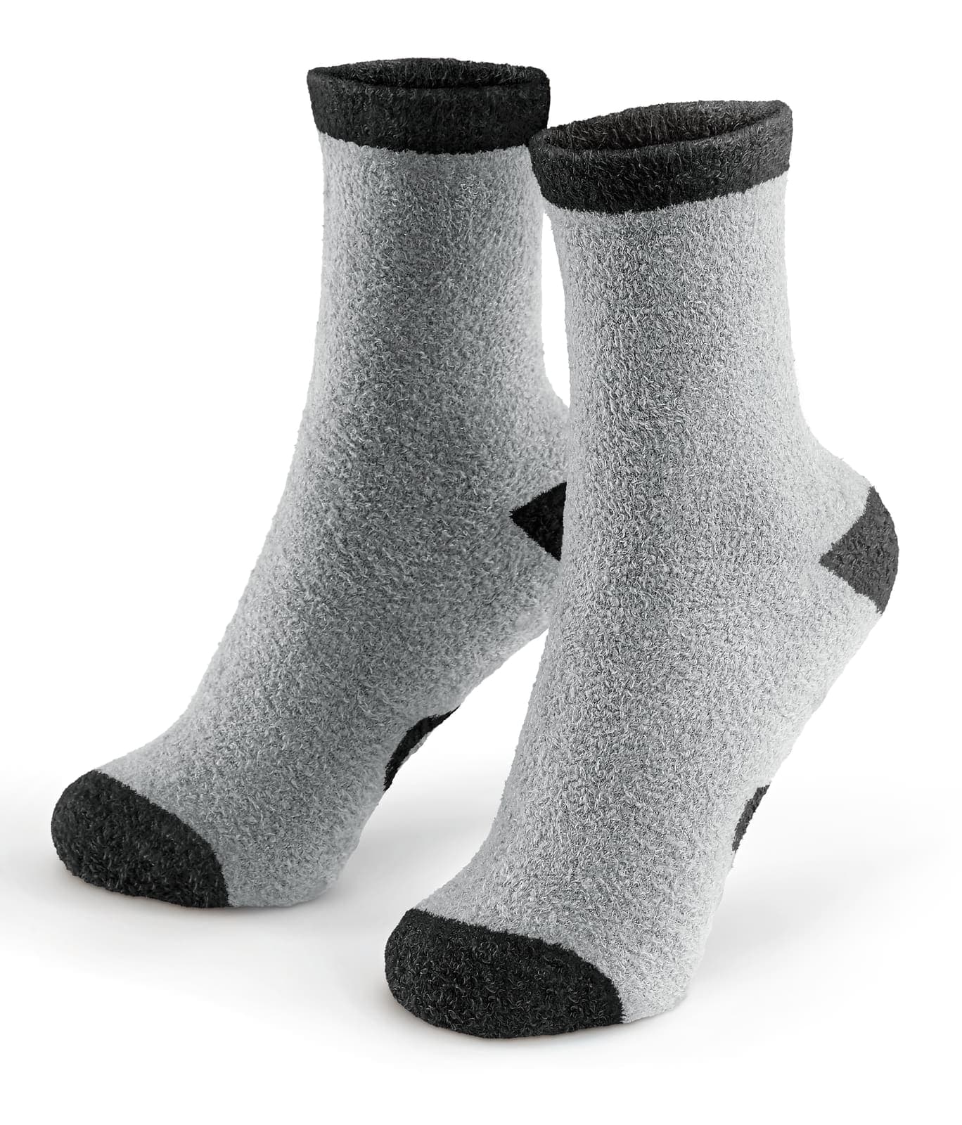Grey fluffy socks with black accents.