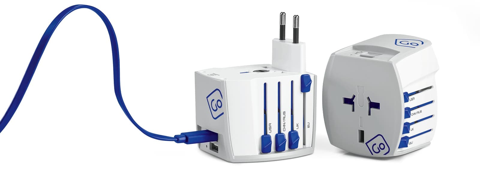 GO TRAVEL Worldwide Adaptor with USB-A and USB-C ports, white with blue accents.
