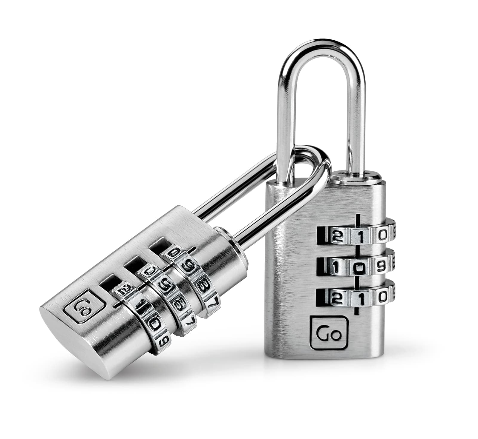 Two silver GO TRAVEL combination padlocks with three-digit dials.