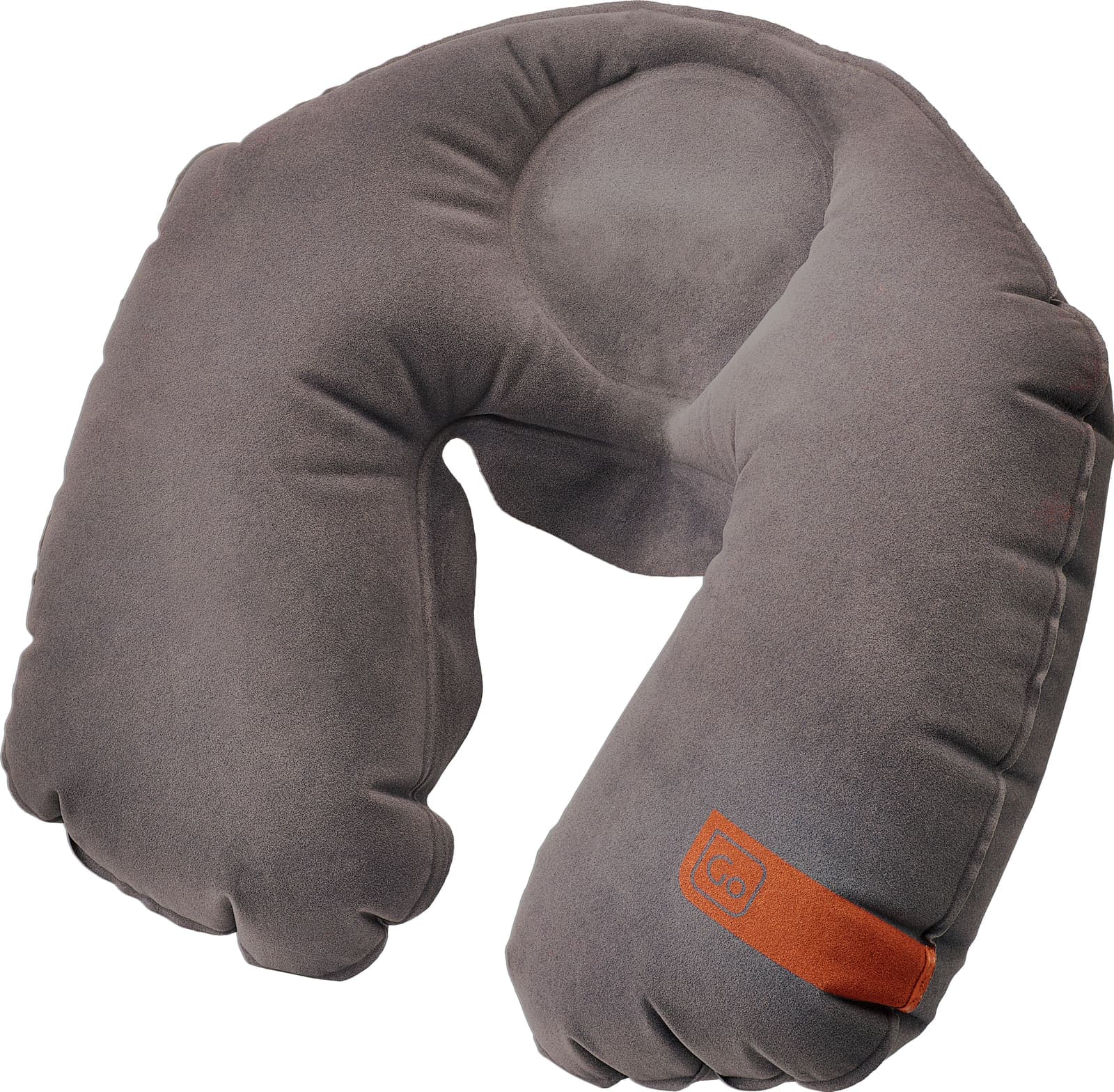 Grey inflatable travel neck pillow with orange logo tab.
