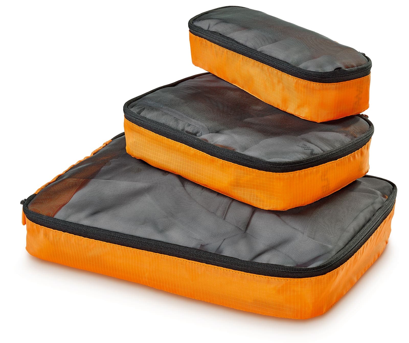 Three stacked orange and grey GO TRAVEL packing cubes for travel organization.