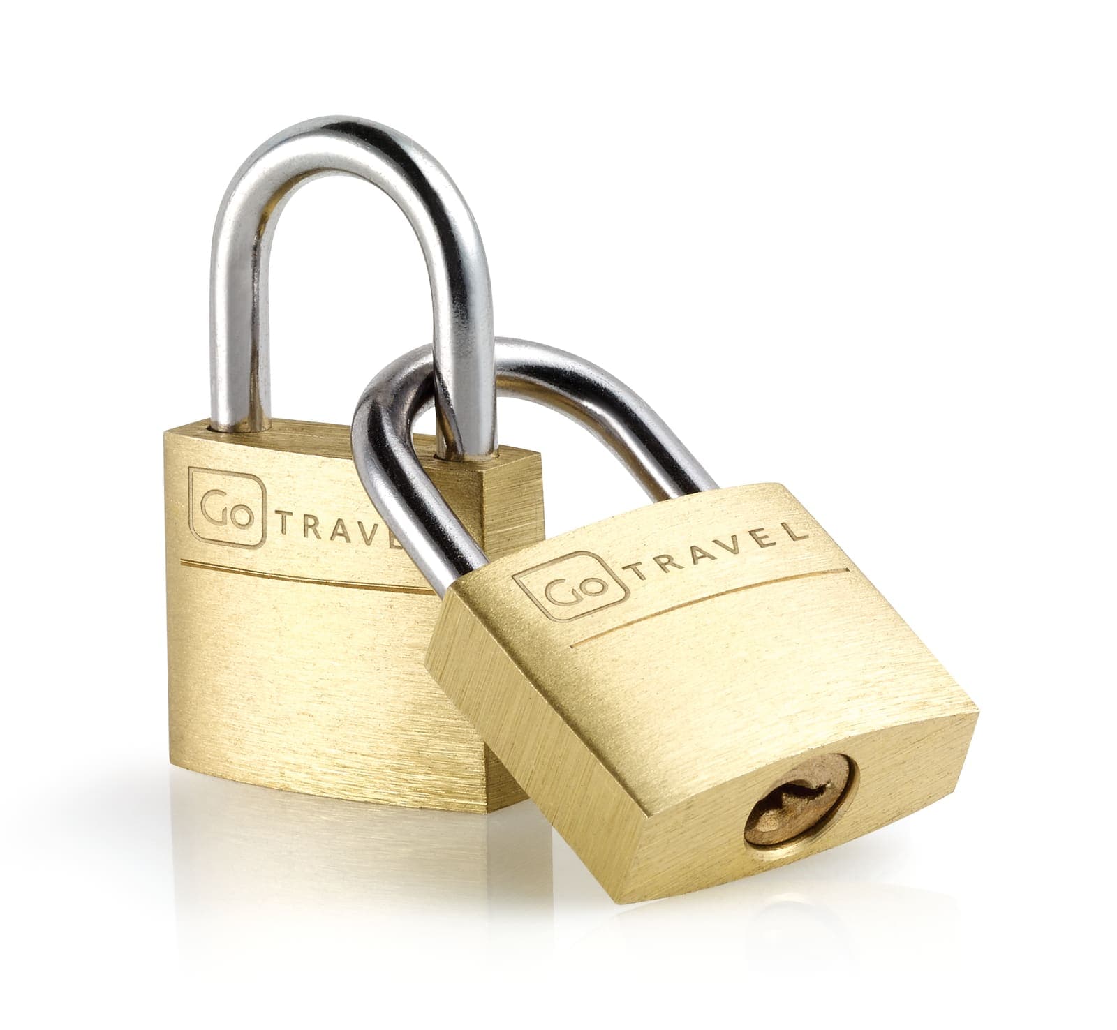 Two brass Go Travel padlocks with silver shackles on a white background.