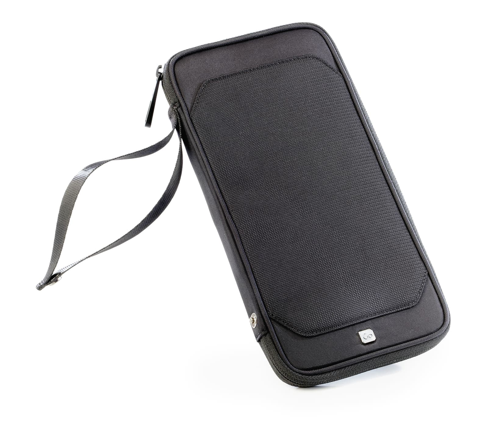 Black GO TRAVEL RFID organiser with wrist strap on a white background.