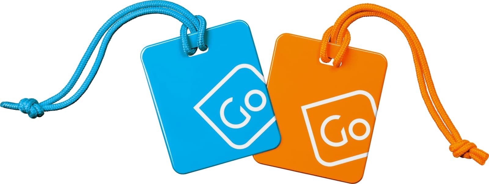 Blue and orange GO TRAVEL luggage tags with braided cords.