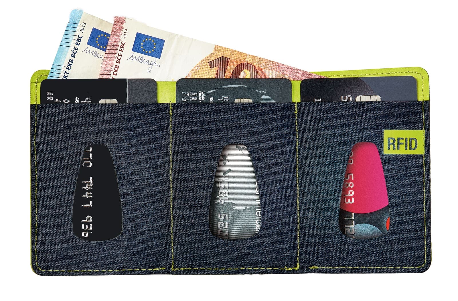 GO TRAVEL RFID Tri-Fold Wallet with cards and Euro banknotes.