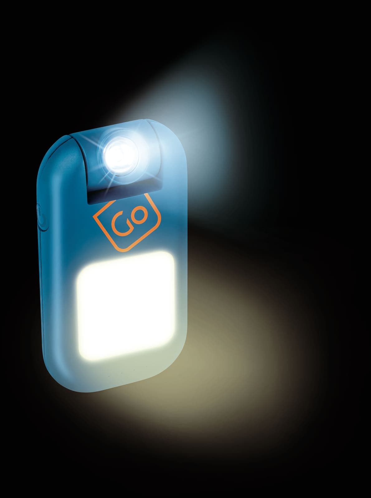 GO TRAVEL Floodlight Wearable Torch - blue and orange, with bright LED lights.